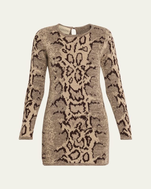 Ocelot Cashmere Long-Sleeve Mini Sweater Dress
